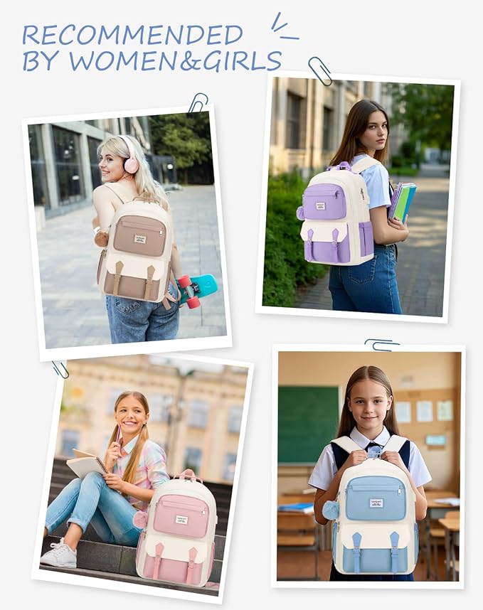 17.3in School Backpack for Teen Girls, Cute Laptop Bookbag for Women College Students Aesthetic Schoolbag Middle High School Travel Mochilas Niñas, Khaki Beige