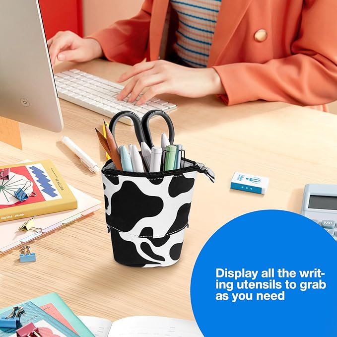Cute Standing Pencil Case for Kids, Pop Up Pencil Box Makeup Pouch, Christmas Gift Kids Canvas Pen Holder Organizer Cosmetics Bag, Kawaii Stationary (Cow Print)