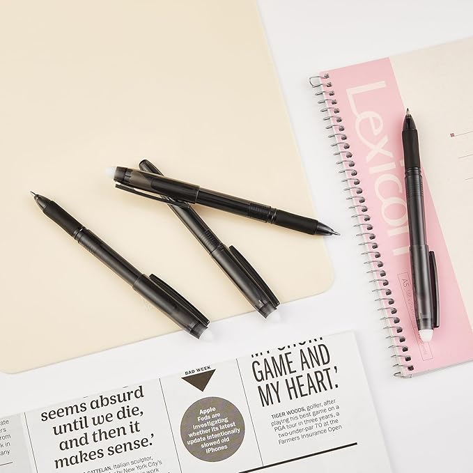 Volcanics Erasable Gel Pens 12 Pack, Soft Black Gel Ink Pens with Caps, 0.7mm Fine Point Erasable Pens for Office, Journaling & Writing
