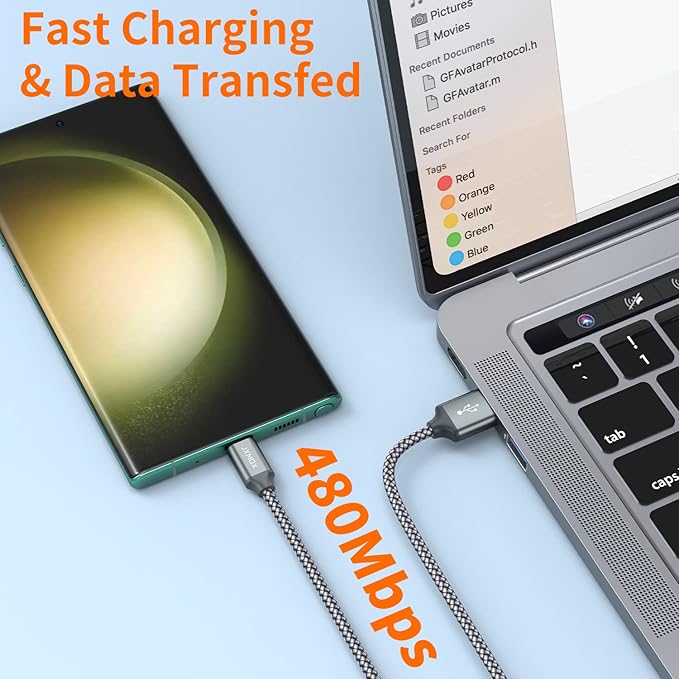 JXMOX Short USB C Cable (1ft 3-Pack), USB A to Type-C Charger Cord 3.1A Fast Charging Compatible with iPhone 15 16 Pro Max, Samsung Galaxy S22 S21 S20 S10 S9, Note 20 10,A80 A70 A50,Power Bank (Grey)