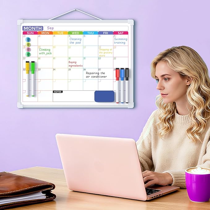 MaxGear Small Monthly Calendar Dry Erase Board for Wall, 16"x12" Hanging Double-Sided White Board with 5 Markers & 4 Magnets, Portable Whiteboard for Home, Office, Planning, Drawing, Memo, to Do List