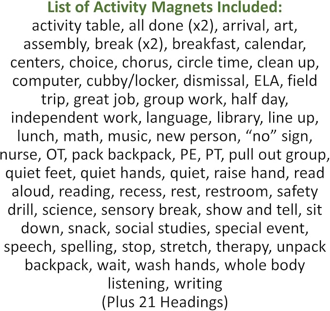 SchKIDules 87-Pc Visual Schedule Magnets (School Collection) | Sized for Individual/Small Group Use | Special Ed & IEP Support | 66 (2x2) Activity Icons + 21 Headings | Available in English & Spanish