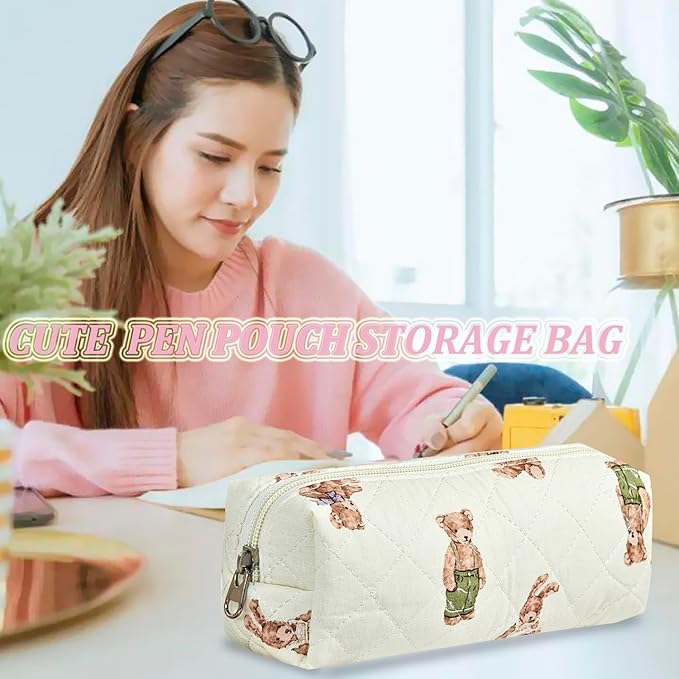 Pencil Pouch Cute Pencil Case Office Storage Bag Holder Box Organizer Aesthetic Bow Flower Pattern Makeup Pouch Cosmetic Bag for Women Girls