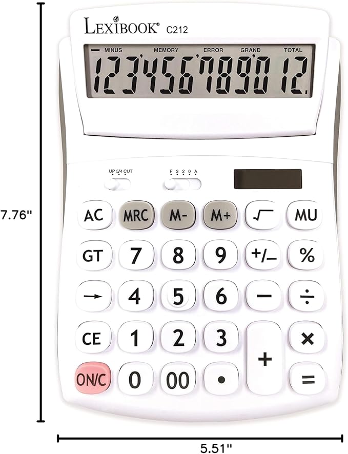 Lexibook - 12 Digit Desktop Calculator with Folding Display - Basic and Memory Function - Large Keys and Screen for Office, School, Home - Solar & Batteries - White/Gray - C212