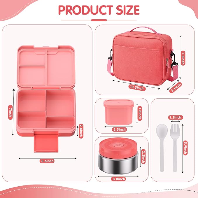 HOMETALL Lunch Box Bento Box for Kids with Food Thermo 8.5oz - Leakproof Lunch Box Kids with Lunch Bag Set for Girls Ages 3 to 14 Back to School,Reusable Snack Containers On-the-Go Meal Prep,Pink