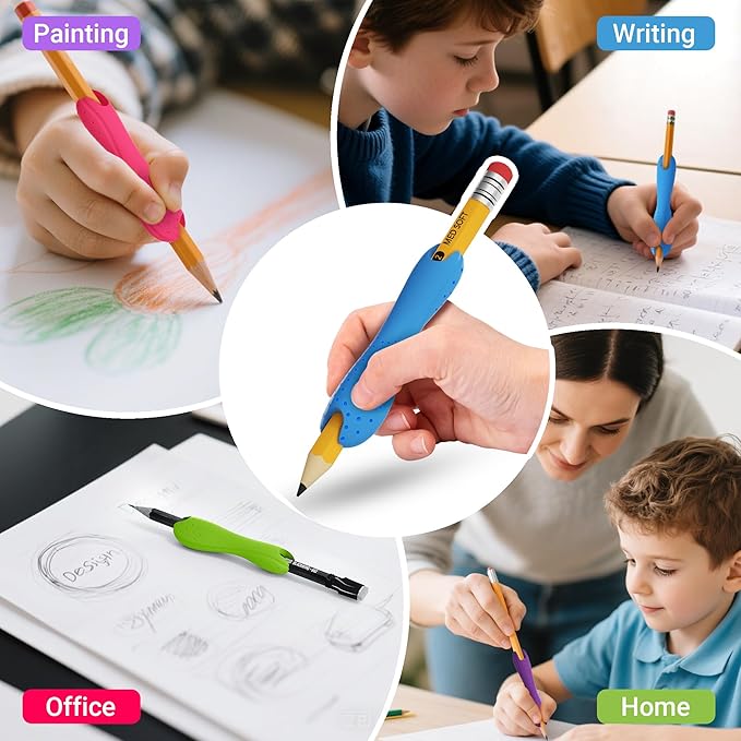 6-Pack Medium Pencil Grips for Kids,Teens,Adults,Comfortable Silicone Holders for Writing &Drawing,Anti-Slip Texture,Dual-Head Design for Left/Right-Handed Use,Improves Grip Control (Assorted Colors)