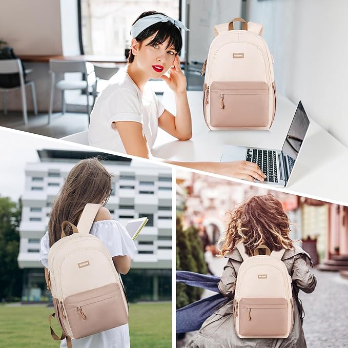 KROSIAS School Backpack for Teens Girls, Cute Student Bookbag Large 15.6 Inch Laptop Bag Aesthetic College Backpacks for Women High School Travel (Khaki Beige)