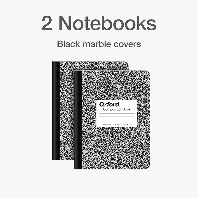 Oxford Primary Ruled Composition Notebooks, 9-3/4 x 7-1/2 Inches, Writing Practice for Kids, Grades K-2, Black Covers, 100 Sheets, (1002521), 2 Count (Pack of 12)