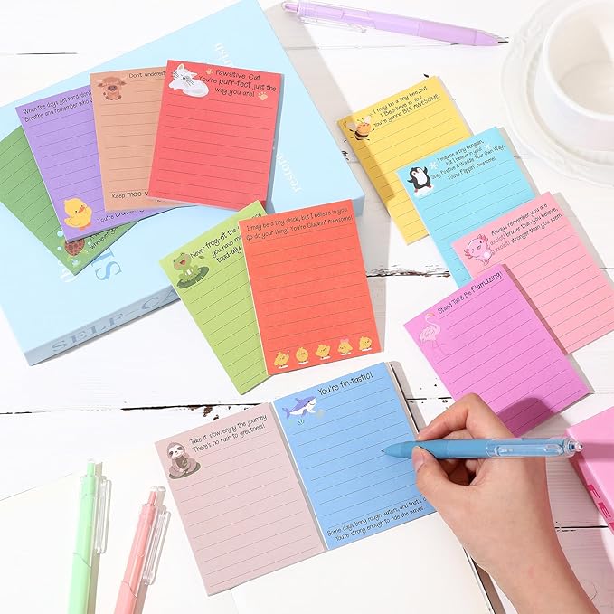 AmazingSpark 12 Pcs Cute Inspirational Sticky Notes, 4 * 3 Motivational Notepads Positive Emotional Support Gift Funny Lined Memo Note Pads for Office Desk Supplies Coworker Employee(Animals)
