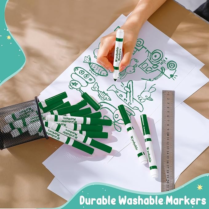 60 Pcs green Washable Markers Bulk Coloring Broad Line Markers for Kids Conical Tip green drawing pens for Classroom Back to School travel Art baby shower gender reveal Supplies, Ages 6+
