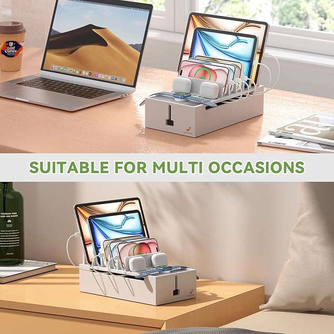 Pezin & Hulin Bamboo Charging Dock Station for Electronic Devices, Docking Organizer for Phone and Tablets, Smart Watch, Earbuds, Power Strip Box (Included 5-Port USB Charger and 6 Cables) -White