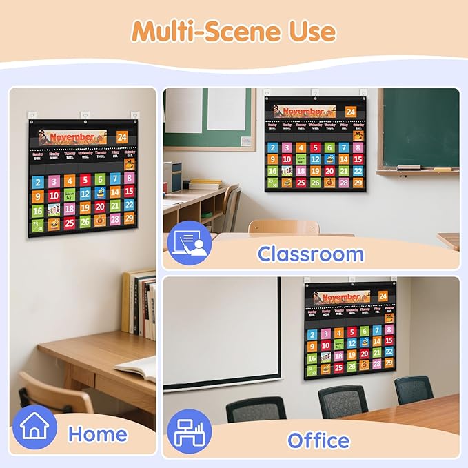 Classroom Calendar Pocket Chart with 88 Cards - Ideal for Homeschool, Classroom & Office, Durable Nylon Wall Hanging Calendar for Early Learning (Black)