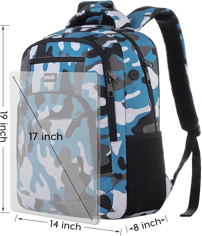17 inch Backpack for Men,College Backpack School Bookbag for Teens,Travel Laptop Bookbag with USB Port and Headphone Hole,Camouflage Blue