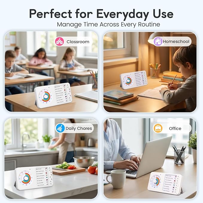 2-in-1 Visual Timer with Task Board for ADHD & Autism, Dry Erase Chore Chart and Visual Schedule for Kids & Adults, Rainbow Countdown Timer for Classroom, Home, Homeschool (White)