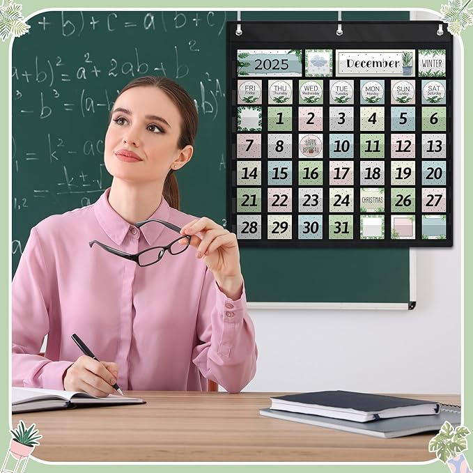 119 Pcs Classroom Calendar Pocket Chart Black Monthly Bulletin Board Set Seasons Festival Weather Farmhouse Calendar Set for Classroom Decoration Back to School Supplies(Greenery)