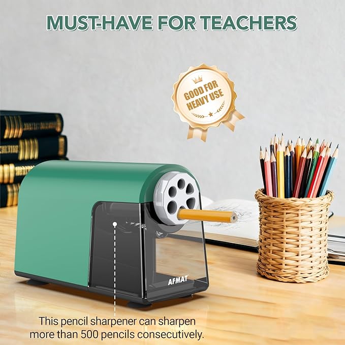 AFMAT Electric Pencil Sharpener for Classroom, 6 Holes, Cordless & Rechargeable, Fast Sharpen, Auto Stop, 10K+ Uses, Heavy Duty Pencil Sharpener for 6-11mm No.2/Large/Colored Pencils PSD2(Green)
