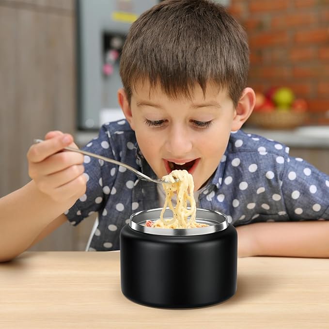 JXXM 8 Oz Thermo Food Jar for Hot & Cold Food for Kids, Insulated Lunch Containers Hot Food Jar,Leak-Proof Vacuum Stainless Steel Wide Mouth Lunch Soup Thermo for School (Black-Pure)