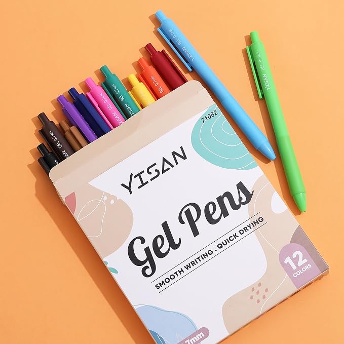 YISAN Colored Gel Pens,12 Pcs 0.7mm Fine Point Retractable Pens with Quick-Dry Ink - Smooth Writing for Journaling,Note Taking,Roller Ball Point,71082