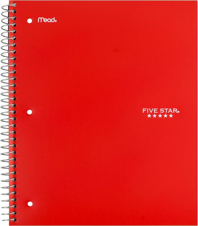 Five Star Spiral Notebook + Study App, 5 Subject, Wide Ruled Paper, 8" x 10-1/2", 200 Sheets, Fights Ink Bleed, Water Resistant Cover, Fire Red (72041) (Pack of 6)