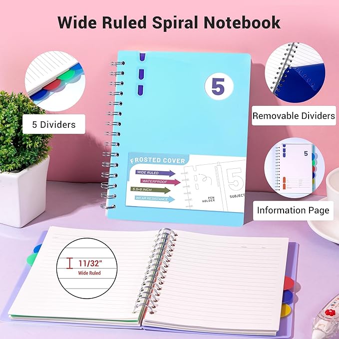 FLYING EAGLE 2 Pcs 5 Subject Notebook Wide Ruled, Small Spiral Notebook 5x7 for Work, 408 Pages Lined Journal with Removable Dividers, Small Notebooks for Work, Teal Blue