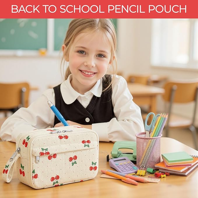 WOBAGMEN Cute Pencil Case,Large Corduroy Zippered Pencil Case Pouch, Aesthetic Pencil Bag with Compartments, Pencil Pouch School Supplies (Cherry Polka Dots)