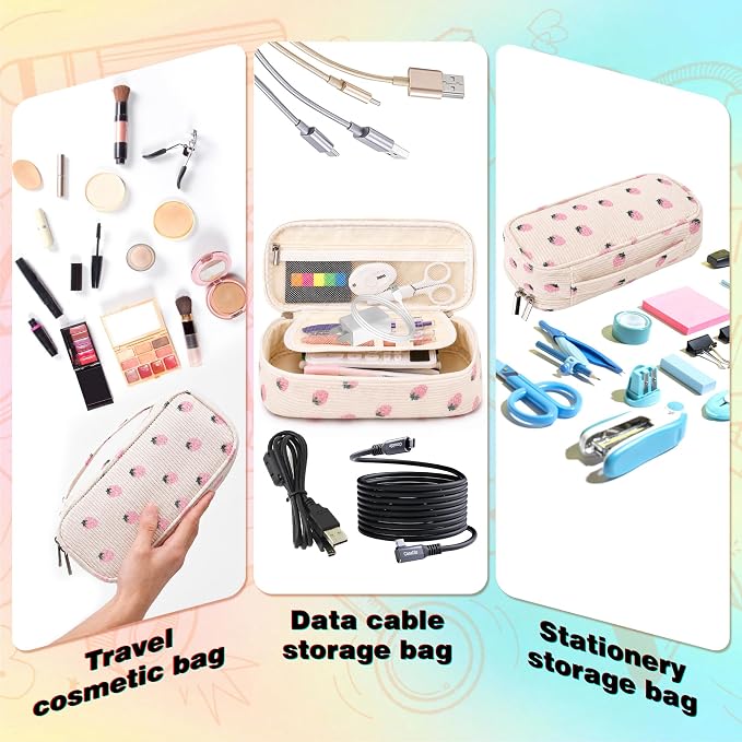 Big Capacity Pencil case,Soft Corduroy Pencil Bag,Cute Pen Case with Handle,5 Compartments, Wide Opening Pen Pouch Organizer for Teen Girls Women (Pink Strawberry)