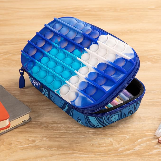 ZIPIT POP Pencil Case for Boys, Silicone Sensory Fidget Pencil Box, Blue | Playful box for kids with tactile top, sturdy crack-proof shell, secure zipper, large capacity holds 60 pens & pencils