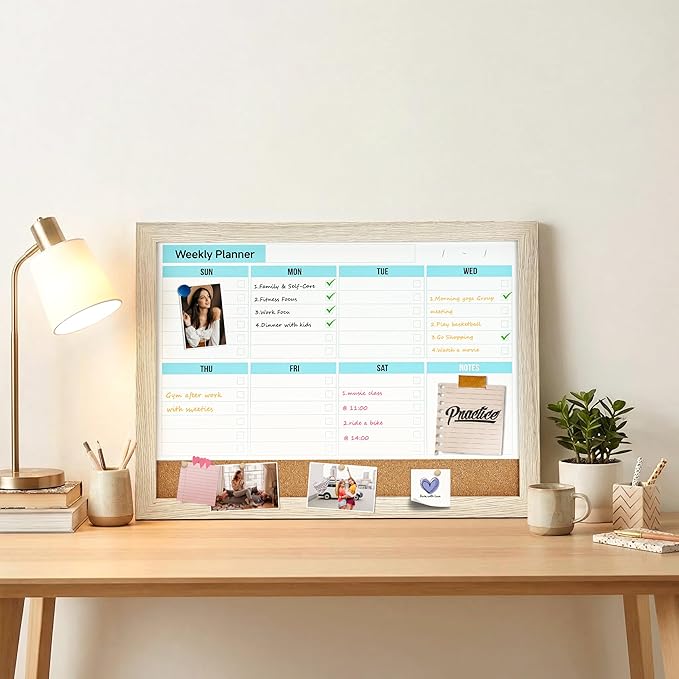 Magnetic Weekly to Do List Planner White Board 16x12 Inch - Dry Erase Calendar Board with Cork Combo for Wall, Home Office Kitchen