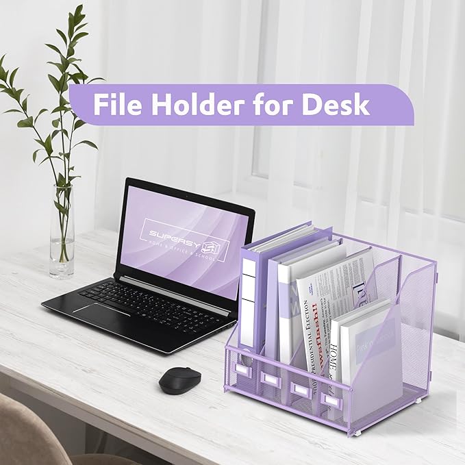 SUPEASY Magazine File Holder Desk Organizer, Metal Binder Holder with 4 Vertical Compartments for Office Home School, Purple