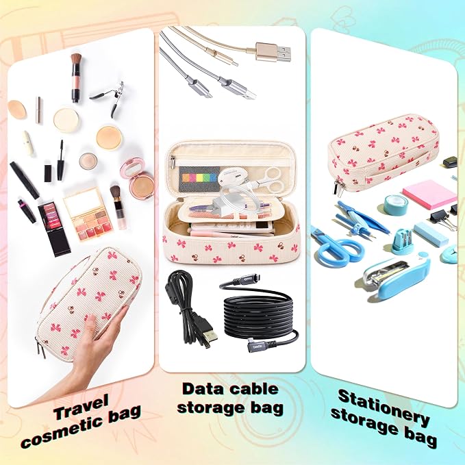 Big Capacity Pencil case,Soft Corduroy Pencil Bag,Cute Pen Case with Handle,5 Compartments, Wide Opening Pen Pouch Organizer for Teen Girls Women (Bow With Cherry)