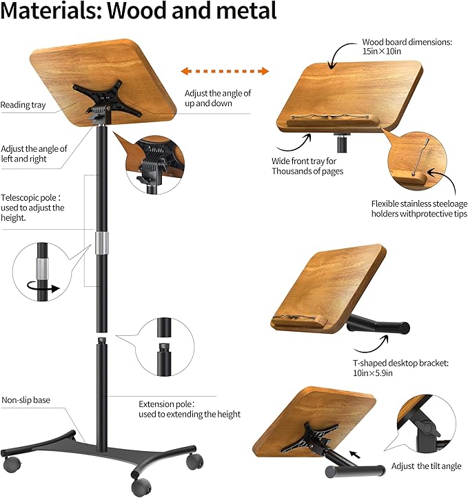 NAMON Rolling Floor Book Stand for Reading, 100% Solid Wood, Height Adjustable 16.5"-51", Floor Reading Stand with 4 Lockable Casters & Page Clip for Books, Sheet Music (Rolling / 2-in-1, 10" x 15")