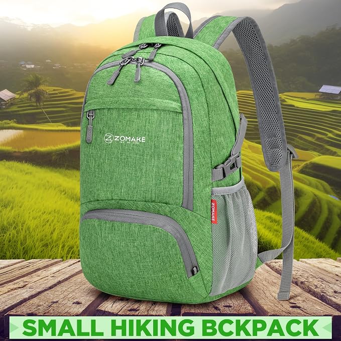ZOMAKE Lightweight Packable Backpack, 25L Small Foldable Daypack for Hiking | Water Resistant Collapsible Backpacks for Women Men, Everyday Carry, Multi Compartment Storage, Adjustable Strap(Dark Green)