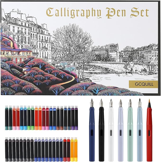 Calligraphy Fountain Pen Set- 7 with Different Nibs and 40 Ink Cartridges for Beginners- MU-09