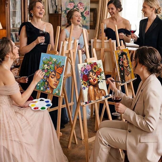 Cholemy 36 Pcs Paint and Sip Kit for Adults 8''x10'' Pre Drawn Canvas for Painting DIY Afro Acrylic Painting Kit Wood Easel Brushes Date Night Bulk for Father's Day Party Gifts(Floral Lady)