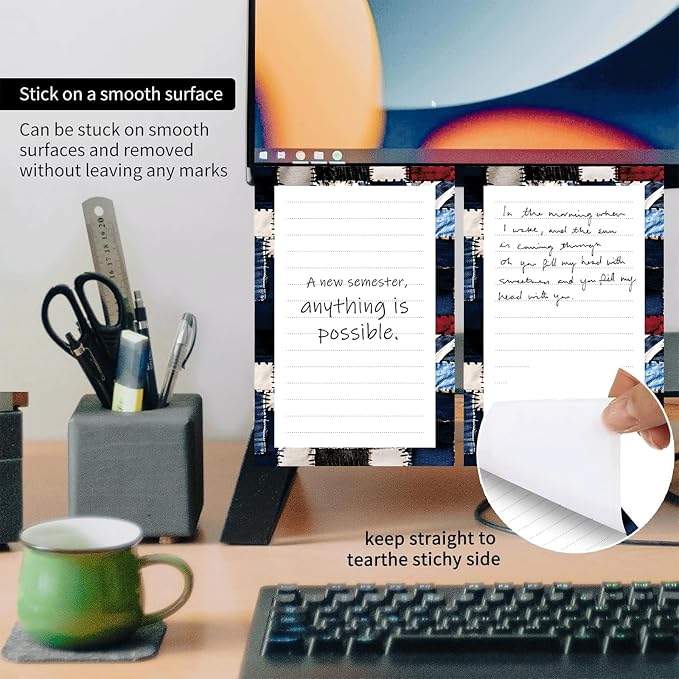 2 Pack Lined Sticky Notes 4x6 in, Cute Self-Stick Notepads with Lines, Large Memo Pads Strong Adhesive for Office, Home Retro Cowhide Plaid