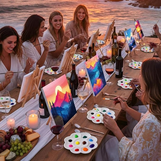 Ctosree 72 Pcs Natural Scenery Paint and Sip Kit for Adults 8'' x 10'' Pre Drawn Canvas for Painting DIY Pre Printed Canvas for Party Favor Afro Acrylic Painting Kit Wood Easel Brushes Bulk