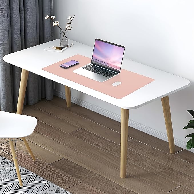 AFIING Leather Desk Pad Protector, Large Mouse Pad, Dual-Sided PU Leather & Natural Cork Desk Mat, Non-Slip Waterproof Laptop Desk Blotter for Office and Home, 23.6" x 13.7",Pink