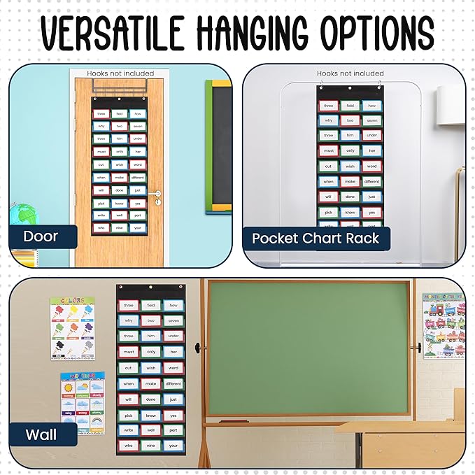 Essex Wares - 2 Pack, 17" Wide x 44" Tall Pocket Chart, Black - Sturdy Pocket Chart for Classroom for Sentence Strips - Easy to Use & Hang, Reusable Black Pocket Chart