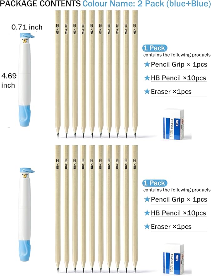 Pencil Grips for Kids Handwriting, Pencil Grippers/Holder, Writing Posture Correction for Toddler/Preschool, Homeschool Education, can Serve as Mechanical Pencil & Pencil Extender (2 Pack,Blue, Blue)