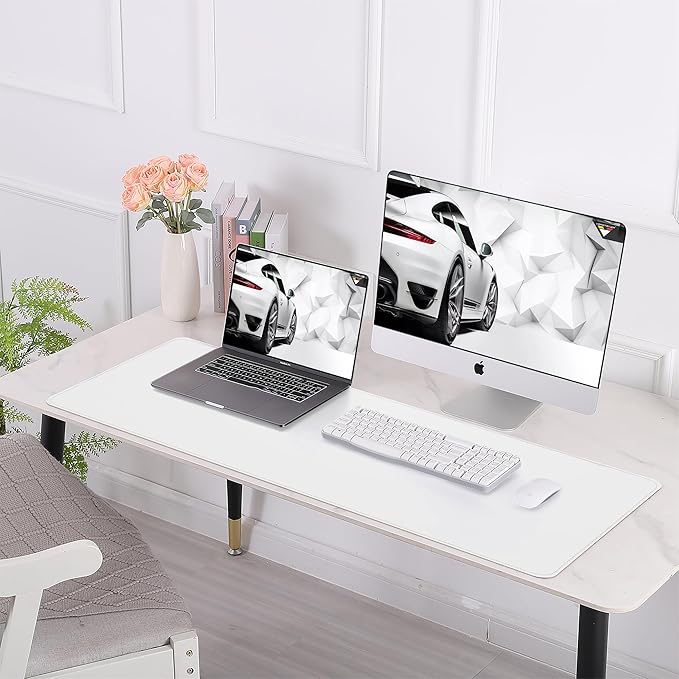 AFIING Leather Desk Pad Protector, Large Desk Mat with Natural Cork & PU Leather, Mouse Pad, Non-Slip, Waterproof Desk Writing Pad for Office and Home (White)