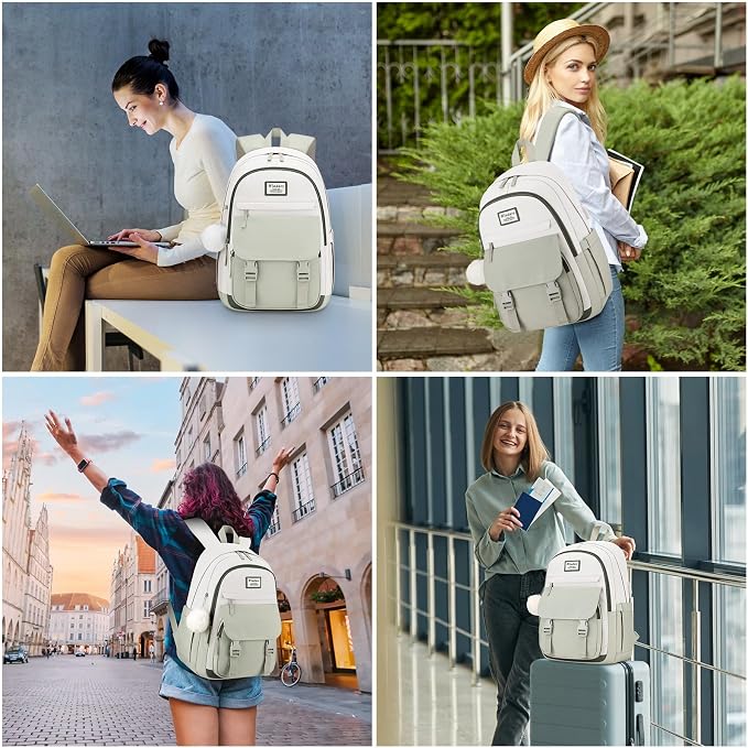 WINDARS School Backpack for Teen Girls, Cute College Backpacks for Women Students Aesthetic Bookbag Large 15.6 Inch Laptop Bag Middle School Travel Back Pack (Beige-Green-Dark Olive Green)