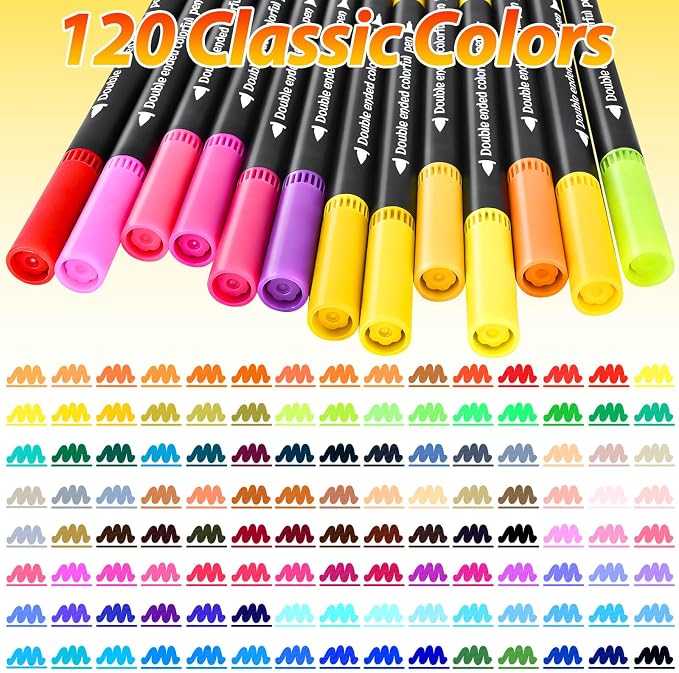 120 Colors Markers, Dual Fine & Brush Tip Coloring Markers Set, Watercolor Marker Pens, Art Drawing Supplies Marker Kit for Calligraphy, Coloring Book, Artist Adults Colors Illustrations, DIY Crafts