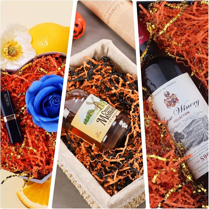 TANMWZK Crinkle Cut Paper Shred Filler 8 oz (1/2 lb) Gift Wrapping & Gift Basket Filler for Christmas,Halloween & Wedding Decorations,Easter Basket Grass Filler (Orange and Black)
