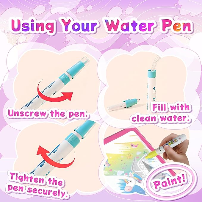 Reusable Water Coloring Books for Toddlers 1-3 with 18+ Stickers & No-Mess Pen, Unicorn Theme Water Coloring Books for Toddlers 1-3, Magic Paintless Painting Book for Toddler, Paintless Painting Book