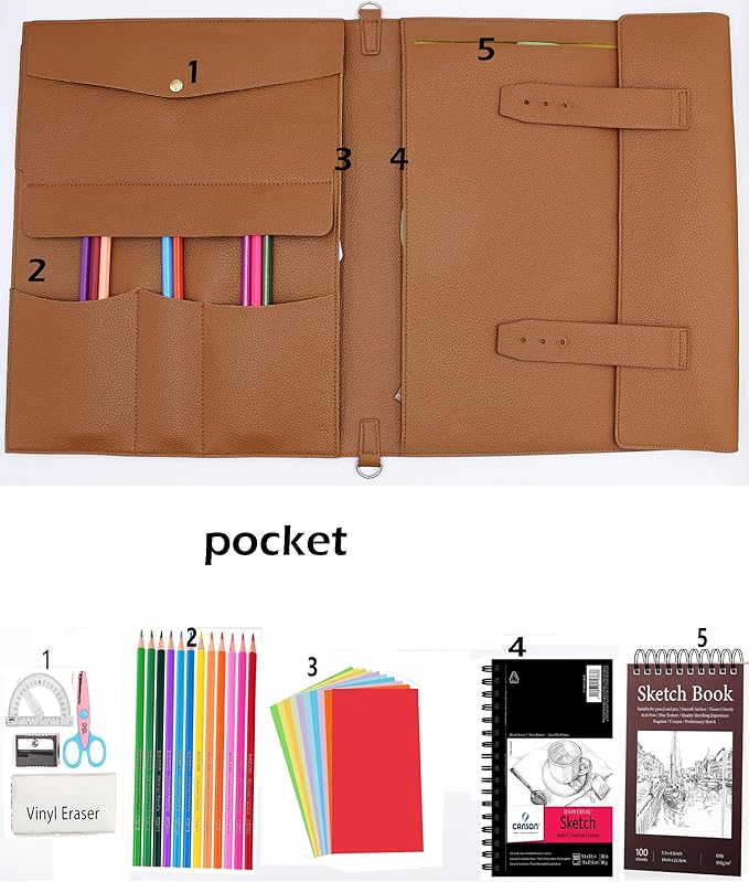 Drawing Book Cover Sketchbook Cover with Pencils and Leather Artist Bag Artist Gifts Leather Art Book Cover for Sketchbook, Journal Notebook (9" x 12")
