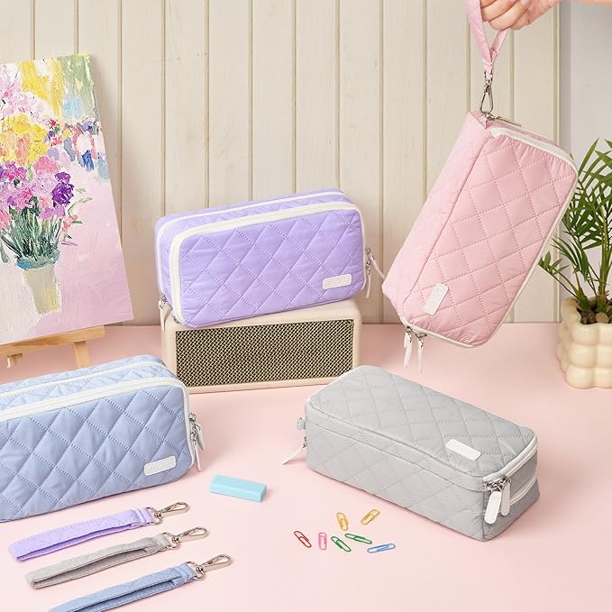 Sooez Large Pencil Case Pouch, Extra Big Pencil Bag with 8 Compartments, Pen Bag Wide Opening, Soft Quilted Pencil Pouch Organizer with Zipper, Portable Pencil Case for Teen Girls, Light Gray
