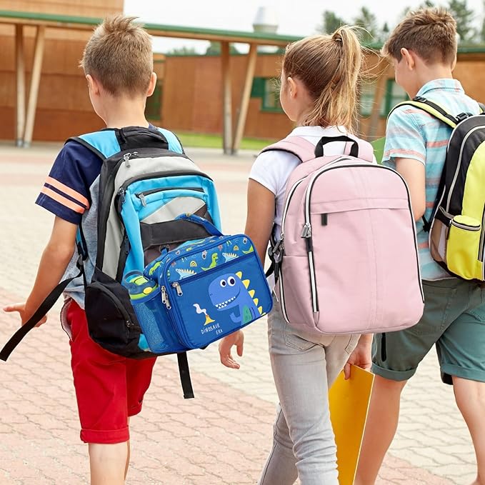 Bagseri Kids Lunch Bag Boys - Thermal Insulated Lunch Box Tote with Water Bottle Holder, Reusable Leak-Proof Kids Lunch Box for Daycare & School, Blue Cute Dinosaur (Containers Not Included)