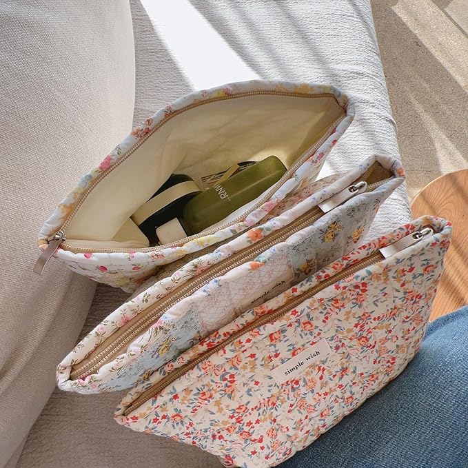 Sminra 2 Pieces Floral Makeup Bag, Cute Travel Quilted Pouch Cosmetic Bag Organizer, Small Cotton Coquette Aesthetic Purse Toiletry Bag for Women Girls accessories (Blue Flower-2PCS)