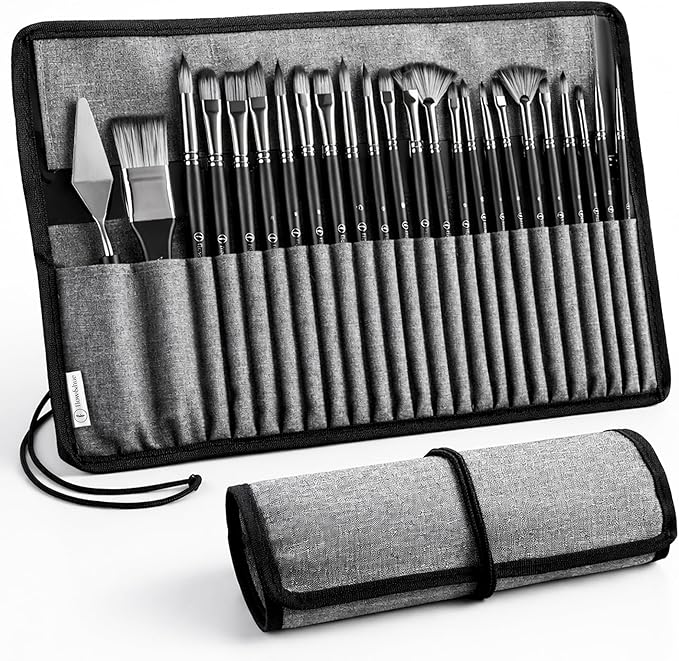 Flow & Hue 25 Pce Professional Paint Brush Set β Acrylic, Watercolor, Oil & Gouache - 9 Brush Shapes (Flat, Round, Filbert, Fan, Angle, Liner) + Palette Knife & Waterproof Canvas Roll Case for Artists