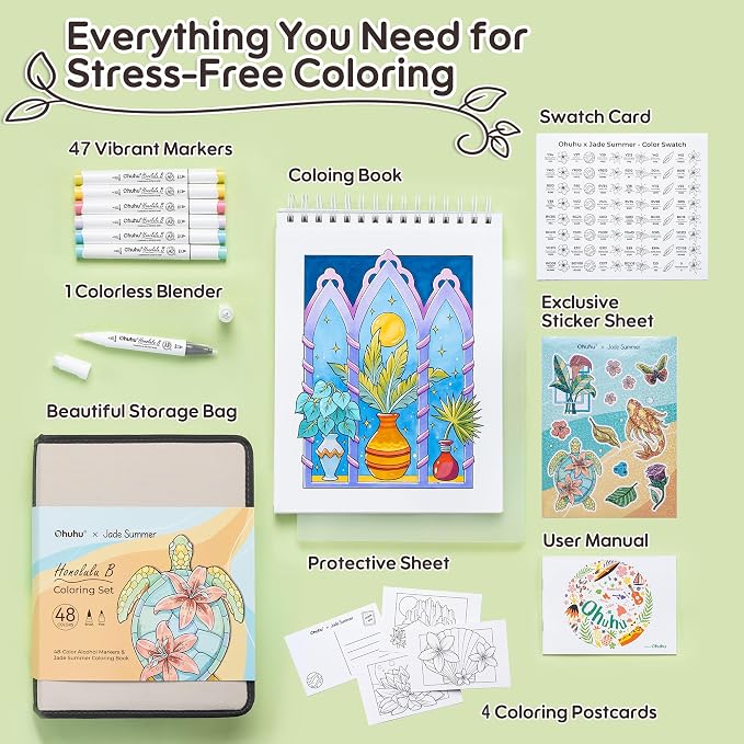 Ohuhu x Jade Summer Coloring Set 47 Alcohol Markers & Coloring Book